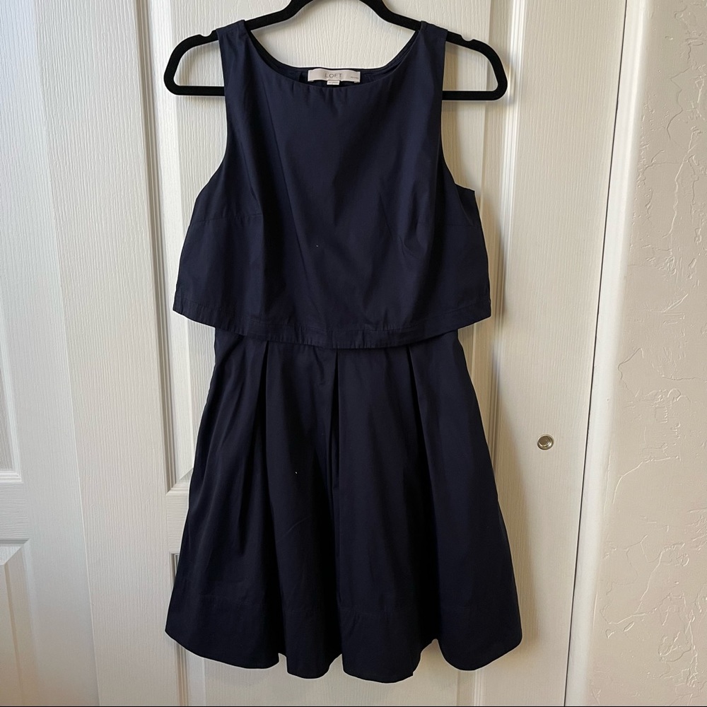 LOFT petite navy a-line dress with keyhole back / faux crop top and skirt look